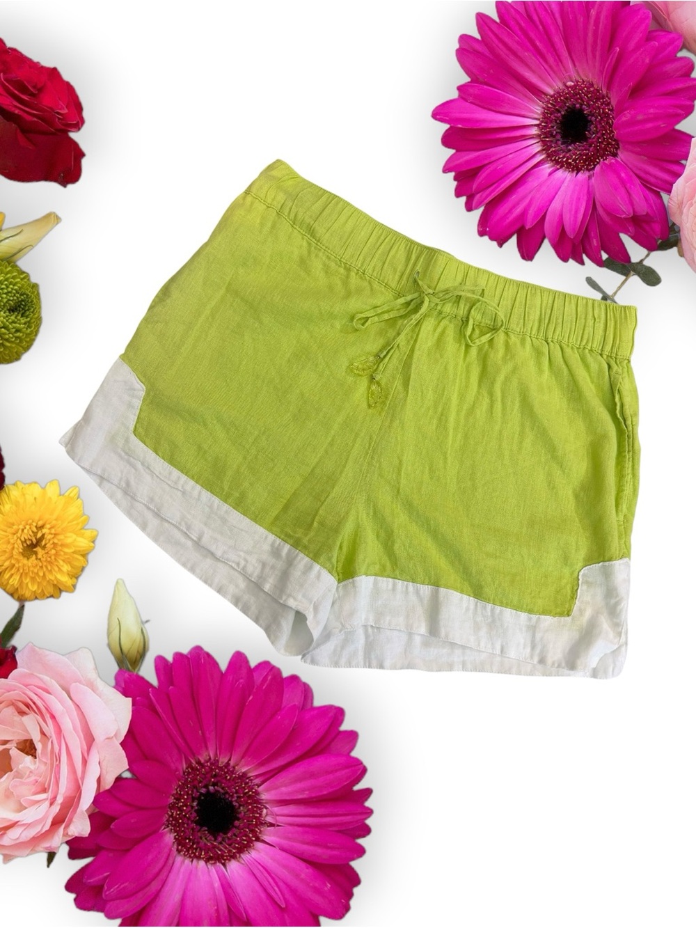Haute Hippie Lime Green Linen-Blend High Waist Shorts with Lime Charms
